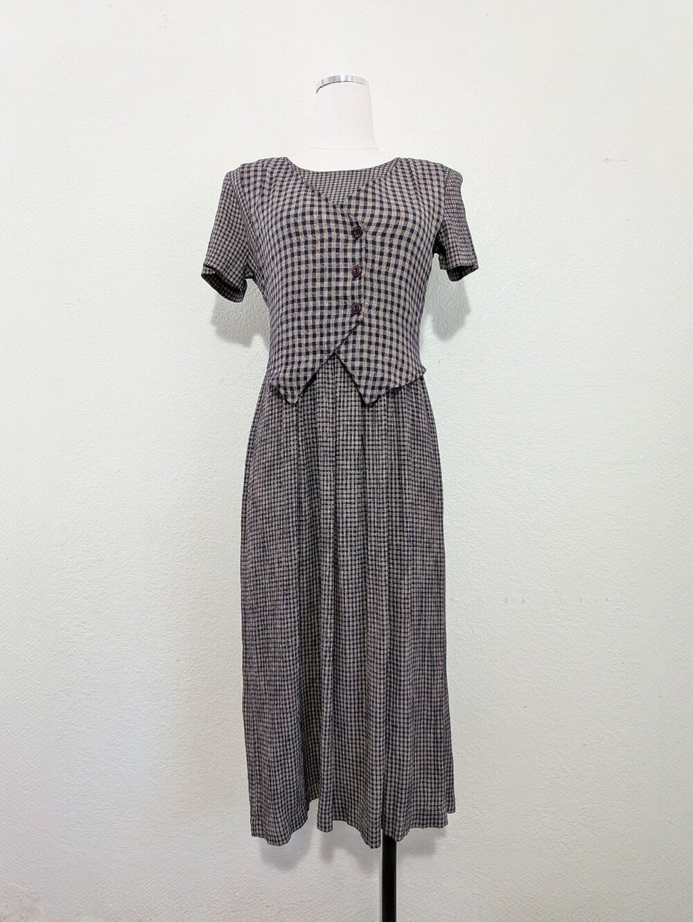 Vintage Enfocus Studio Black and Beige Gingham Dress with Button Up Front Size